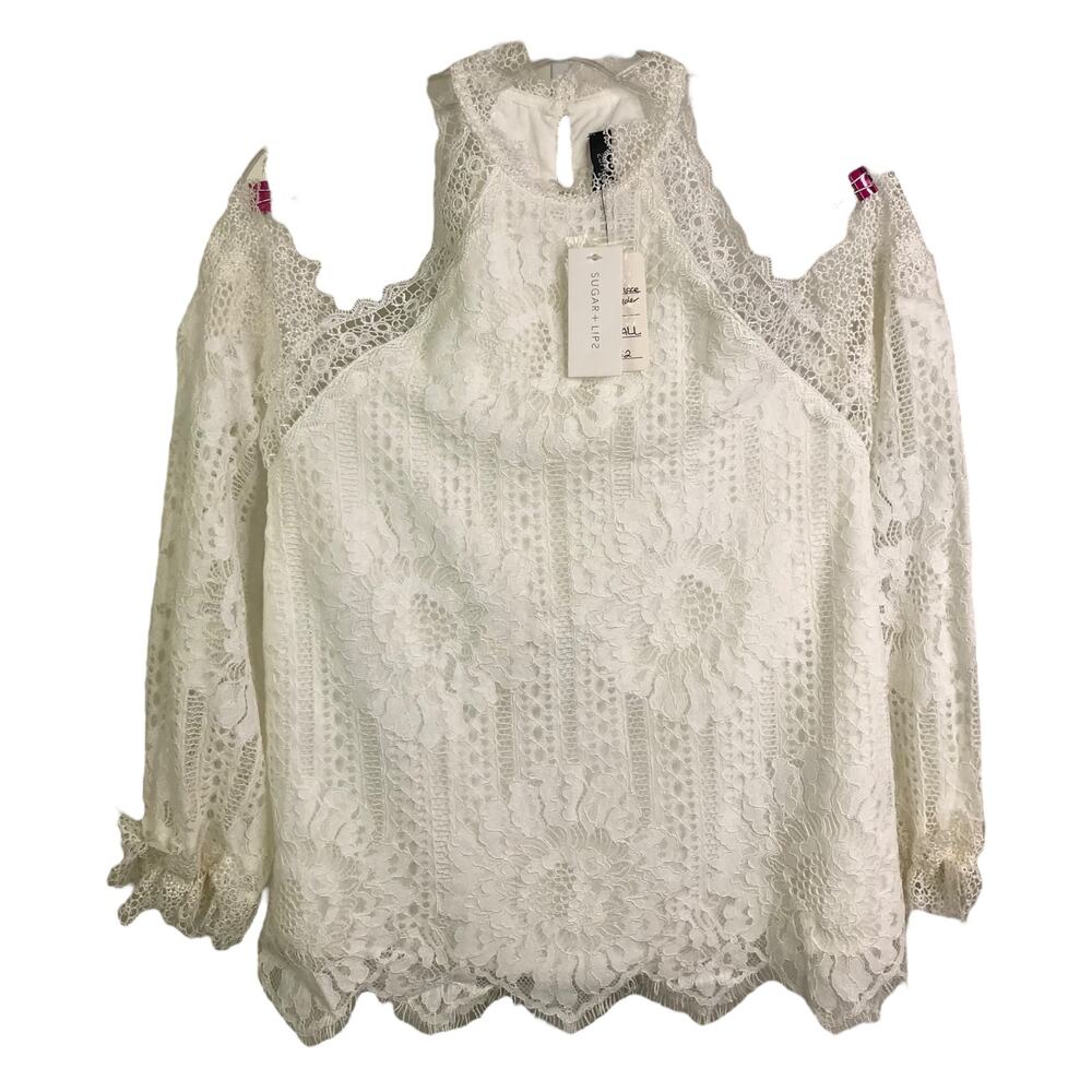 Sugar Lips Blouse Womens Size XS‎ Ivory Lace Cold Shoulder Halter Neck NWT $52